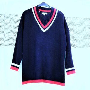 Say What? Women Sweater navy blue Varsity-stripe V-neck dropped long sleeves 2X